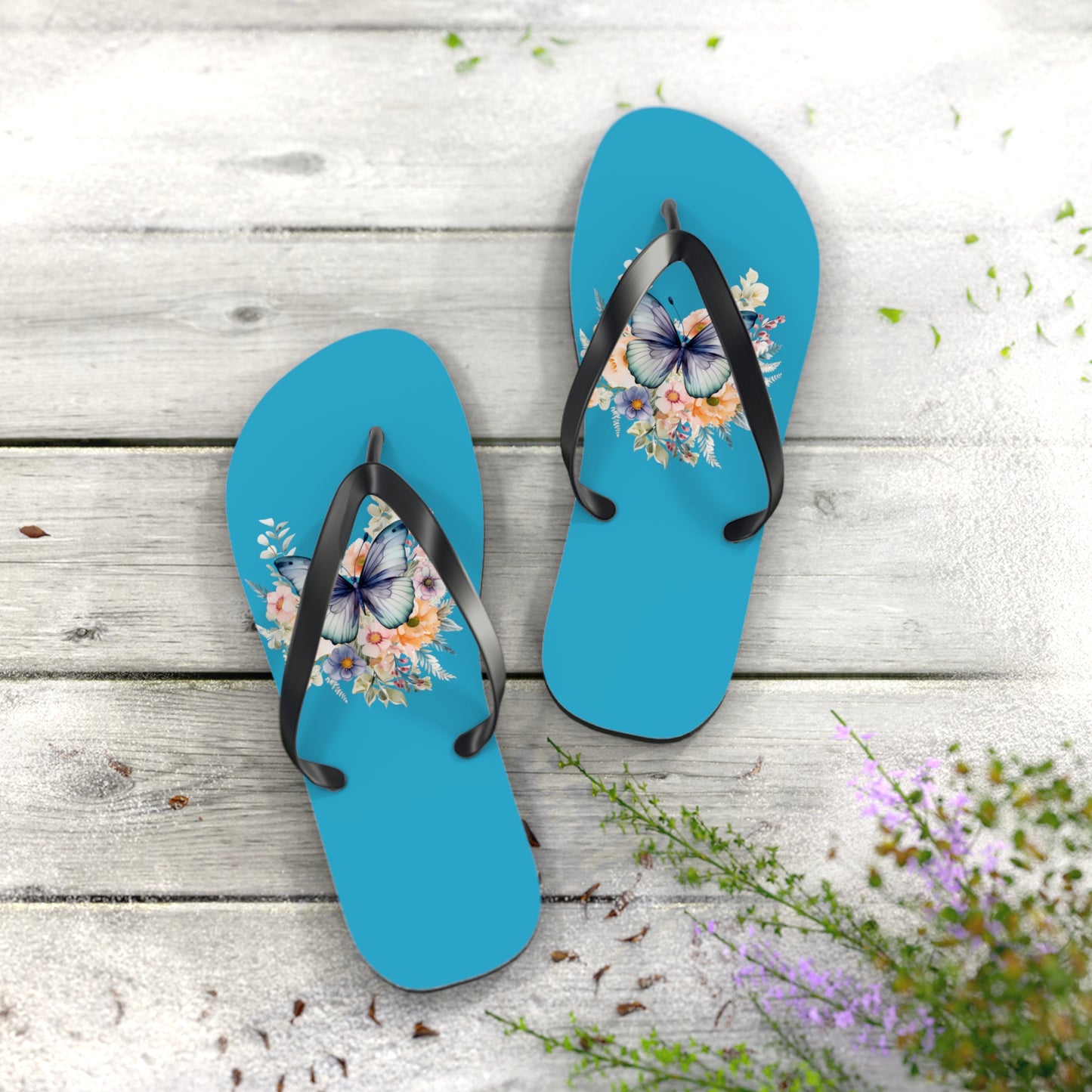 Blue Flip Flops with Butterfly Design