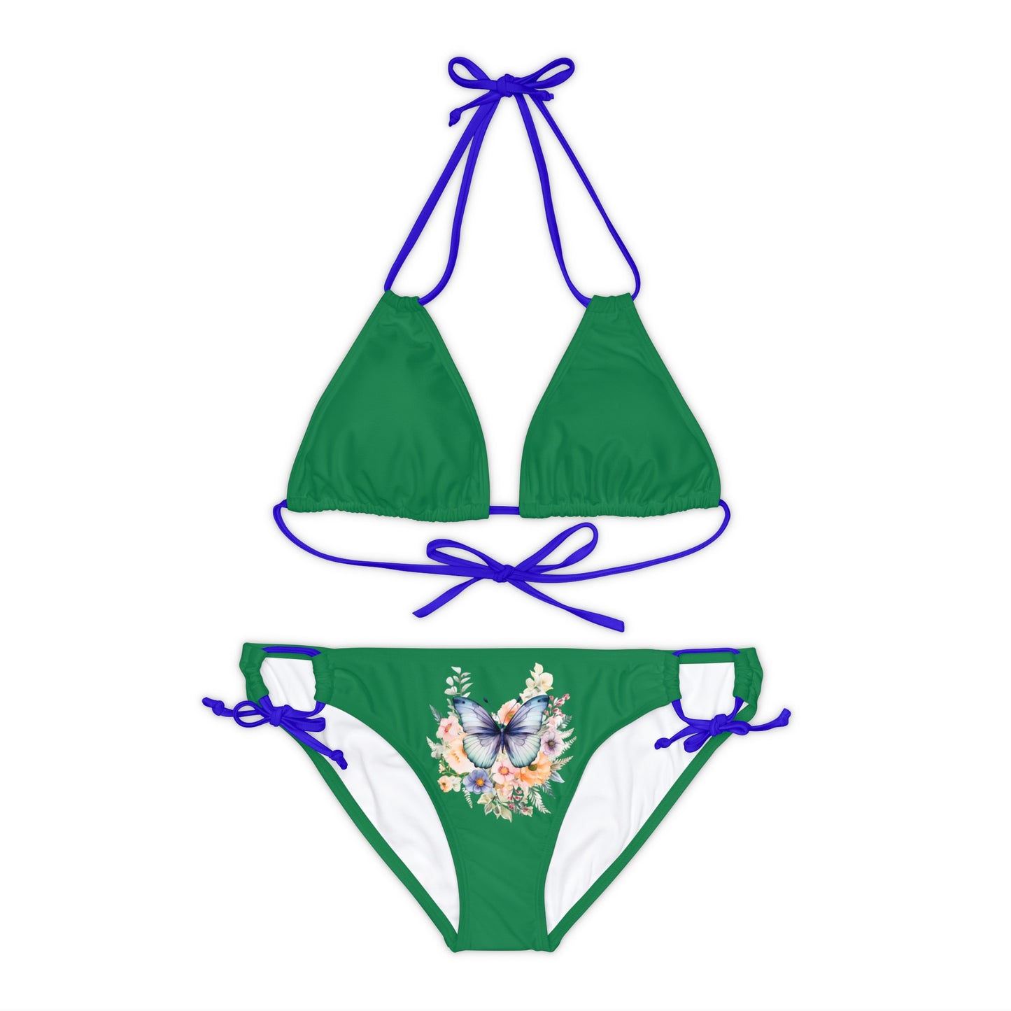 Dark Green Strappy Bikini Set (AOP) with Butterfly design
