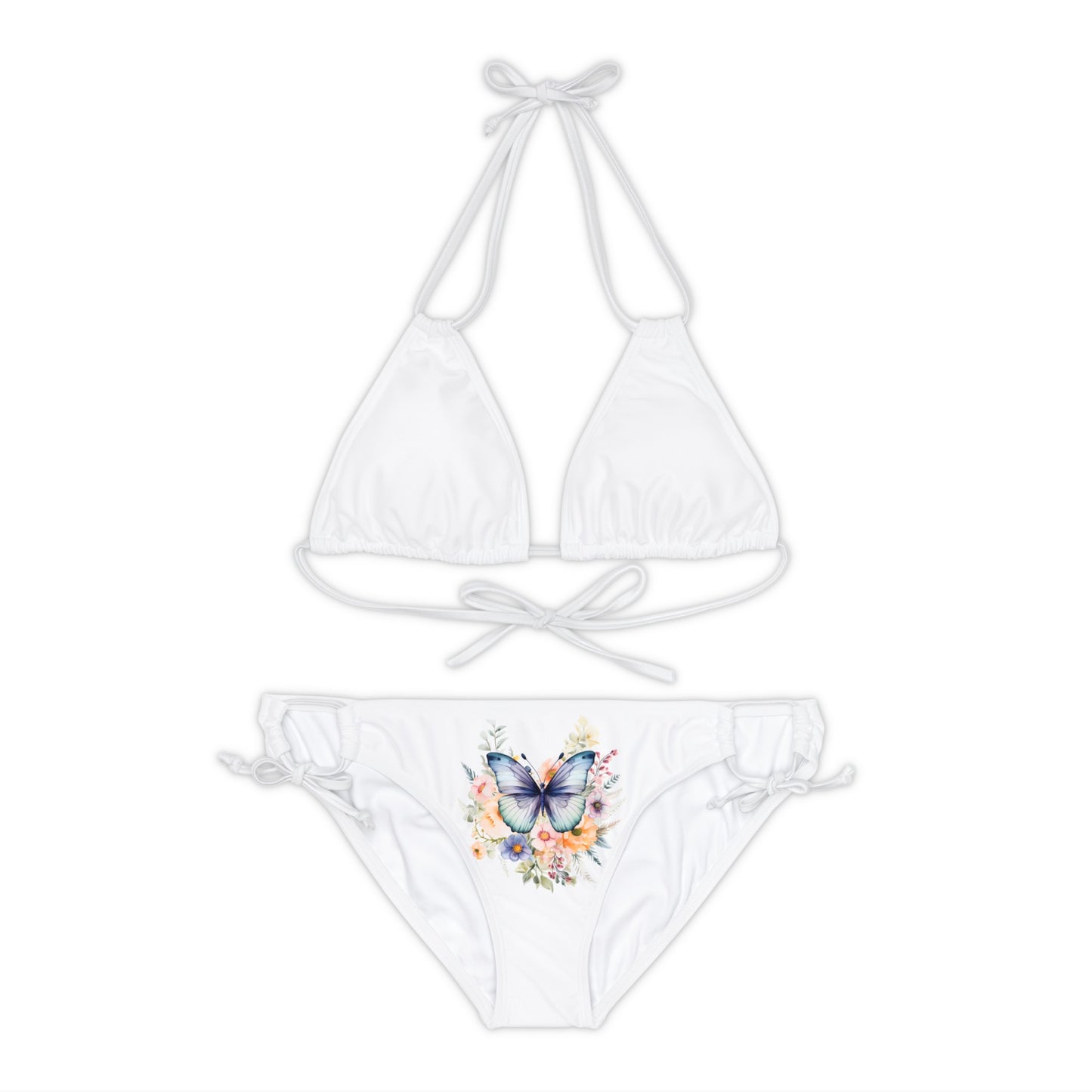 White Strappy Bikini Set (AOP) with Butterfly design