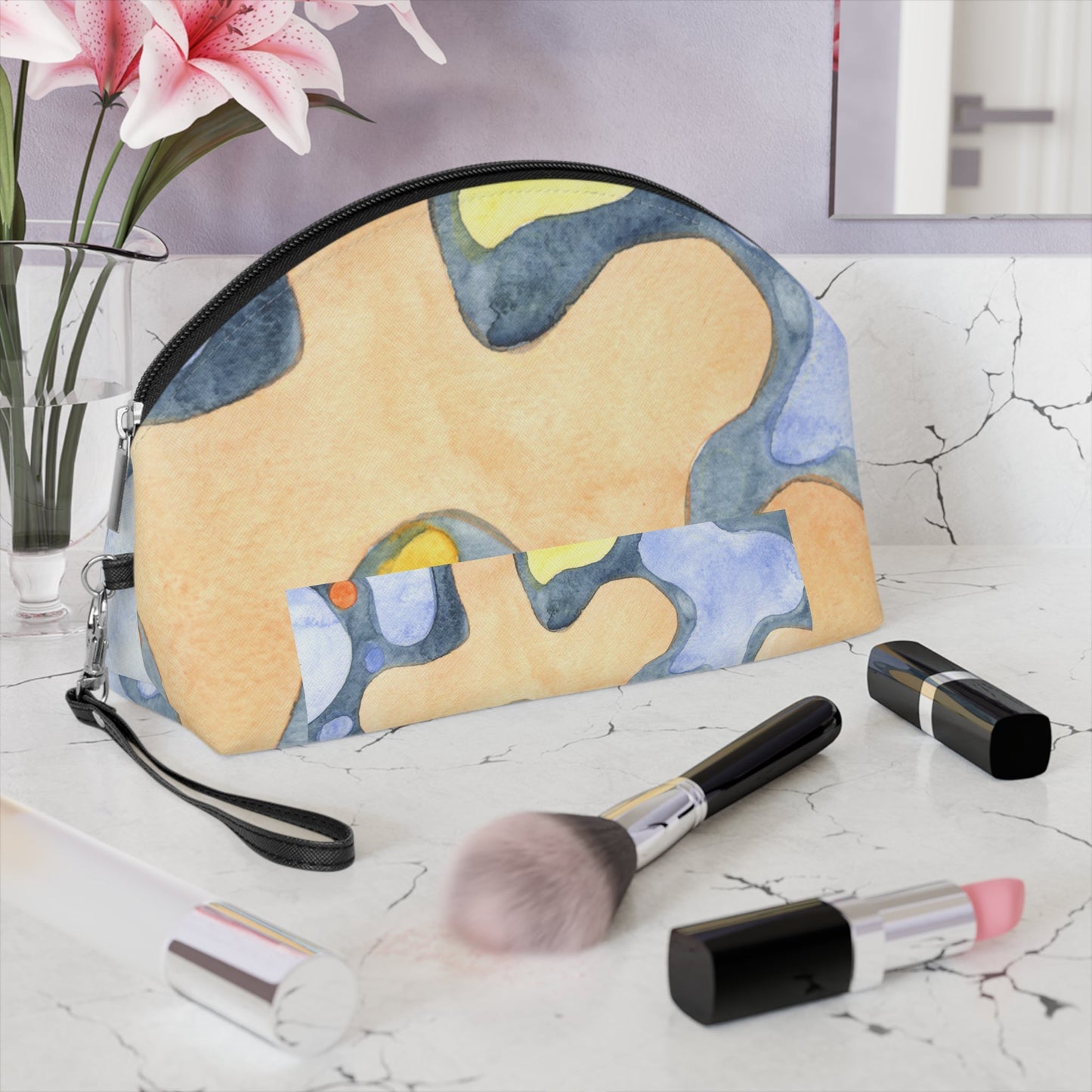 Abstract Watercolor Makeup Bag – Artistic Pastel Cosmetic Pouch with Wrist Strap | Modern Travel Beauty Organizer | Mother’s Day Gift - JennyCool