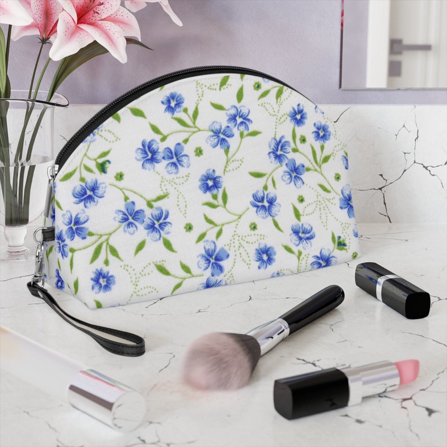 Blue Floral Makeup Bag – Vintage Blue Flower Cosmetic Pouch, Faux Leather Travel Makeup Organizer - JennyCool