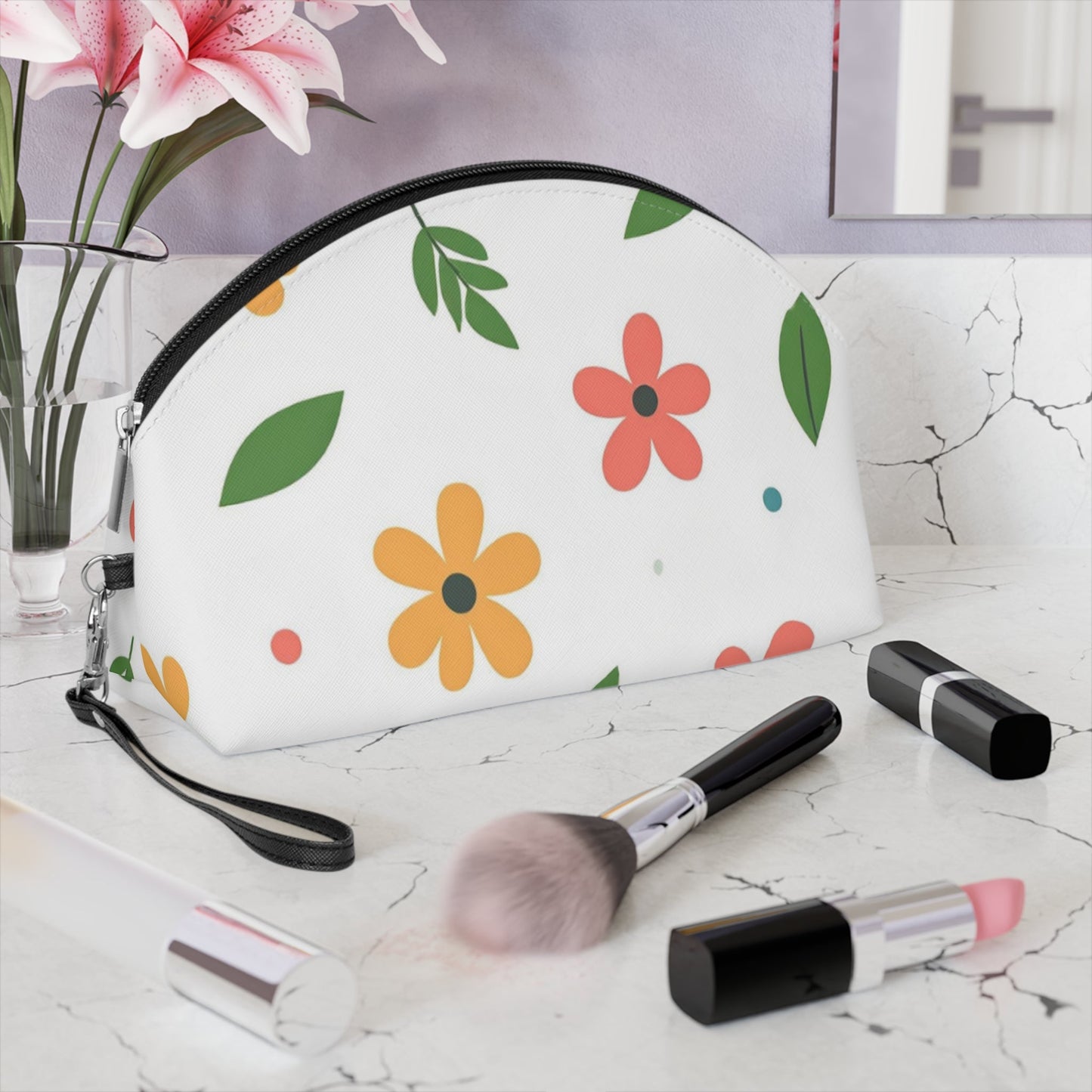 Cute Floral Makeup Bag – Colorful Flower Cosmetic Pouch, Faux Leather Travel Makeup Organizer - JennyCool