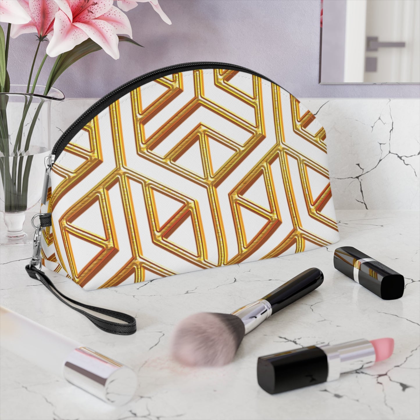 Gold Geometric Makeup Bag – Luxury Art Deco Cosmetic Pouch, Faux Leather Travel Makeup Organizer - JennyCool
