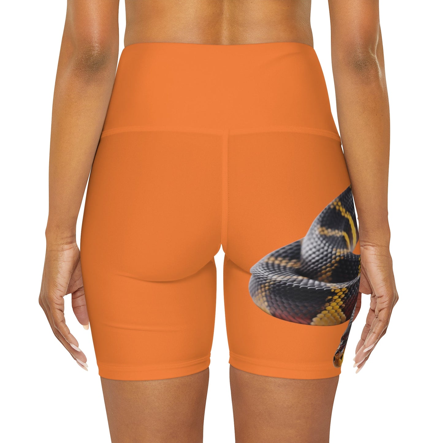 High Waisted Red Yoga Shorts (AOP) Crusta Color with a Snake design - JennyCool