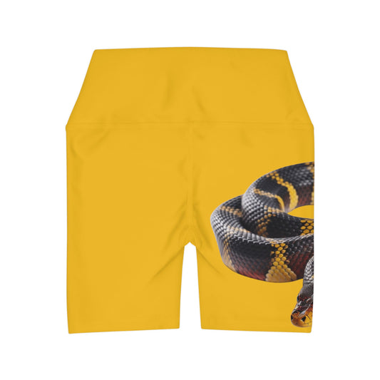 High Waisted Red Yoga Shorts (AOP) Yellow Color with a Snake design - JennyCool