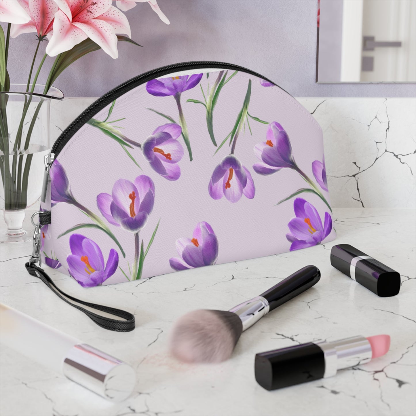 Purple Crocus Floral Makeup Bag – Lavender Flower Cosmetic Pouch, Faux Leather Travel Makeup Organizer - JennyCool