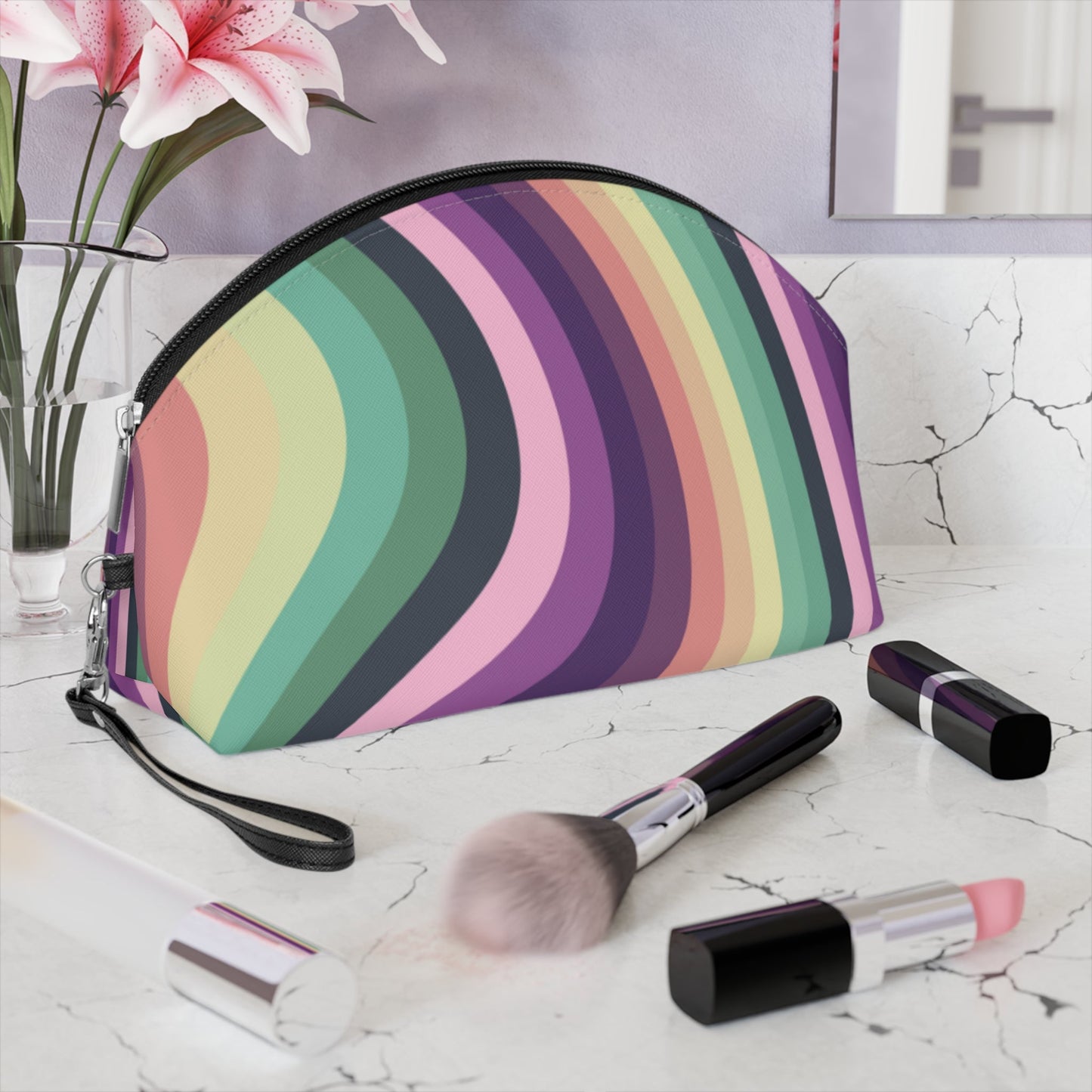 Retro Rainbow Makeup Bag – Colorful Wavy Cosmetic Pouch - JennyCool