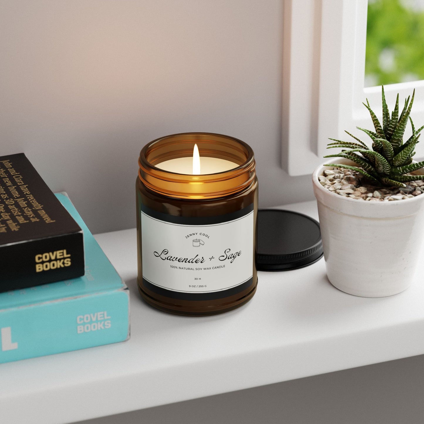 Scented Soy Candle, White Sage + Lavender (Multi - Size, Amber Jar) - JennyCool