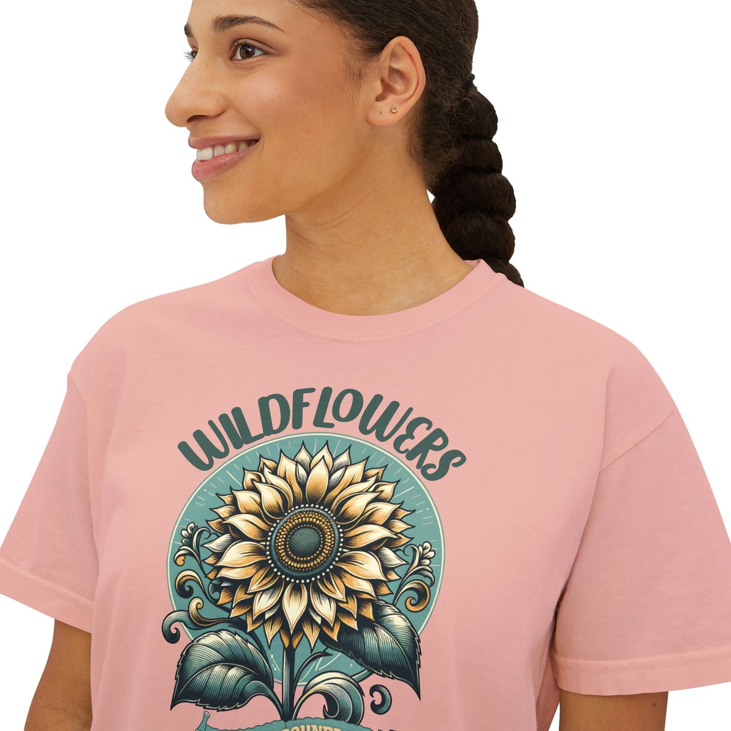 Wildflowers Sunflower Crop Tee – Vintage Boho Sunflower Shirt for Women, Cropped Boxy T-Shirt, Boho Aesthetic Graphic Tee - JennyCool