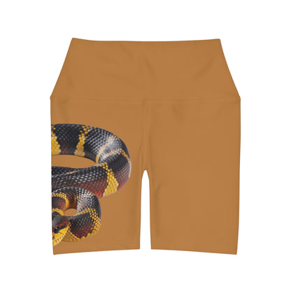 High Waisted Red Yoga Shorts (AOP) Brown Color with a Snake design