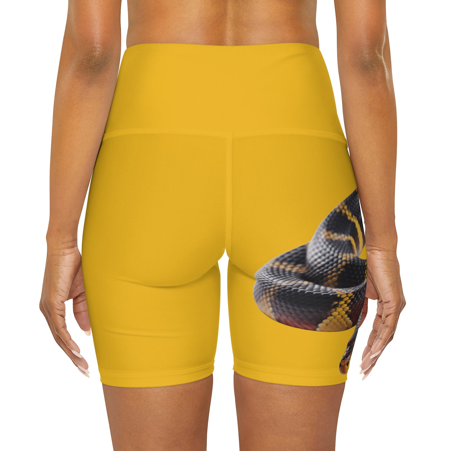 High Waisted Red Yoga Shorts (AOP) Yellow Color with a Snake design