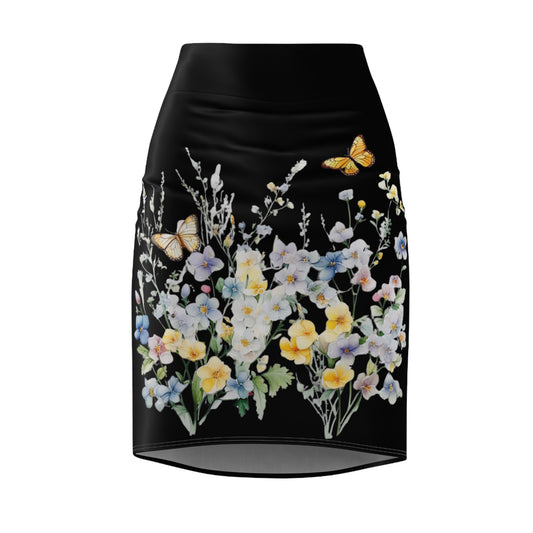 Black Women's Pencil Skirt (AOP) with Spring Flowers and Butterfly