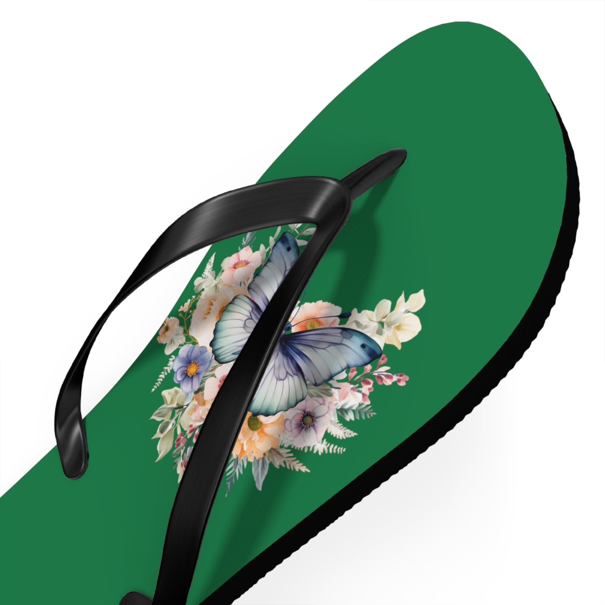 Dark Green Flip Flops with Butterfly Design