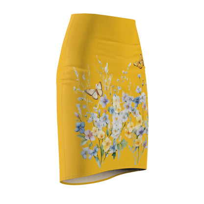 Yellow Women's Pencil Skirt (AOP) with Spring Flowers and Butterfly