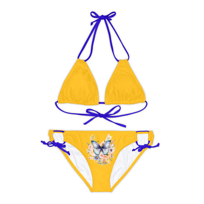 Yellow Strappy Bikini Set (AOP) with Butterfly design