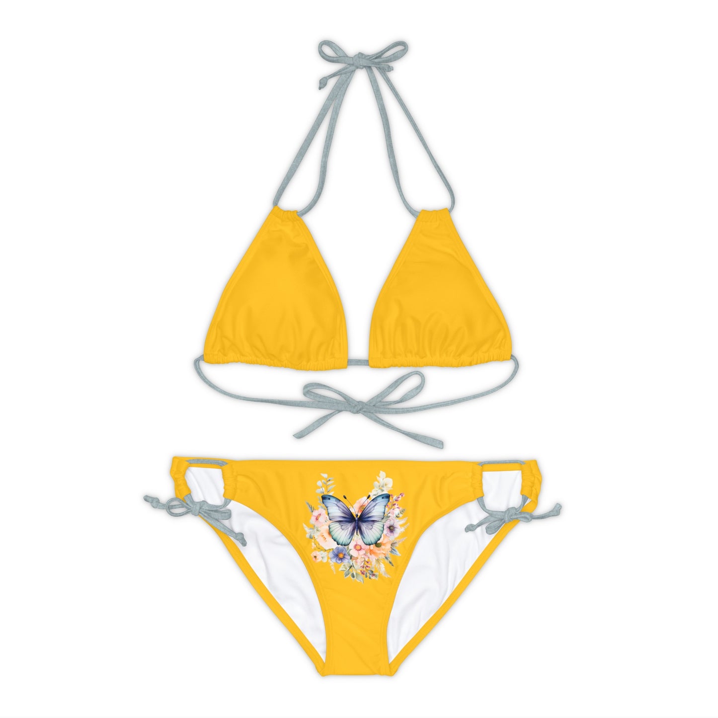 Yellow Strappy Bikini Set (AOP) with Butterfly design