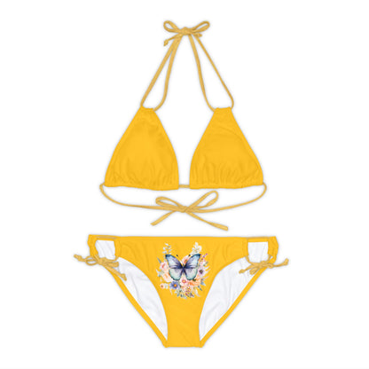 Yellow Strappy Bikini Set (AOP) with Butterfly design