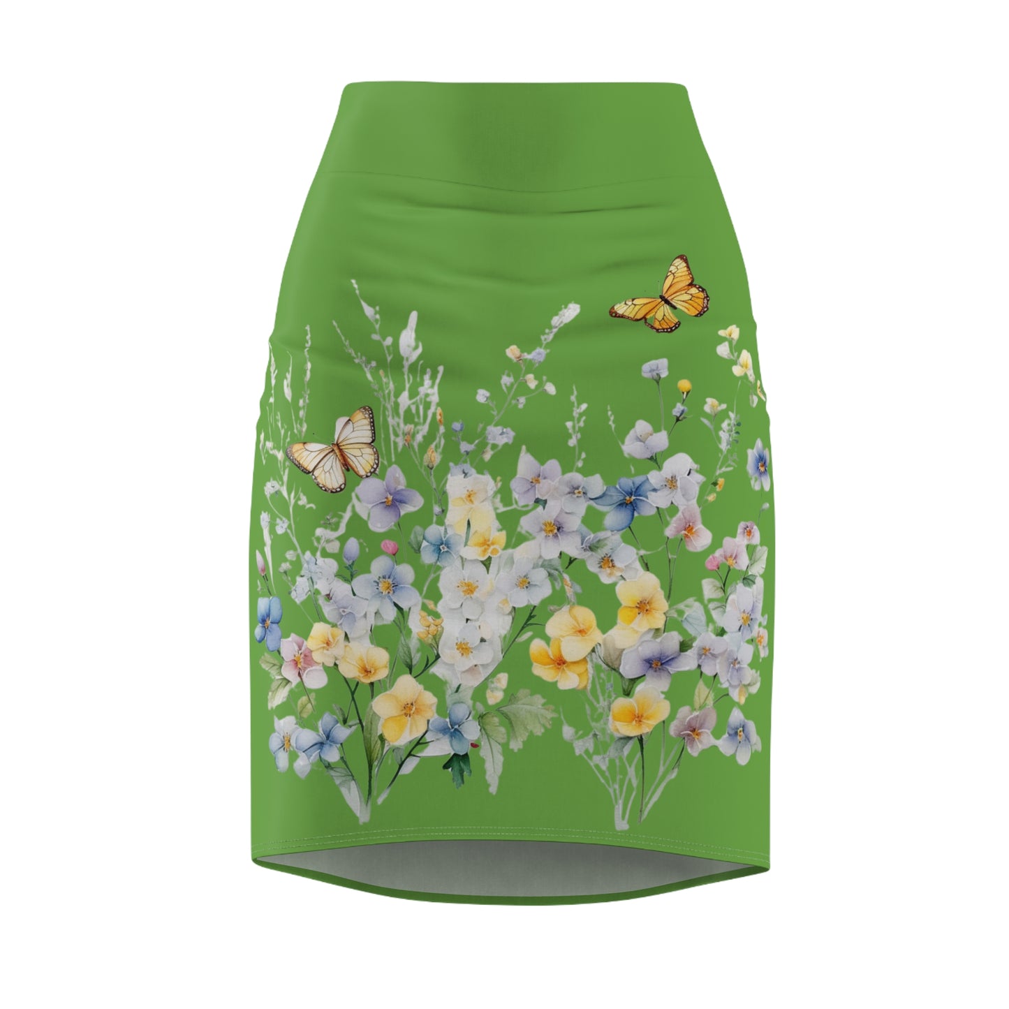 Green Women's Pencil Skirt (AOP) with Spring Flowers and Butterfly