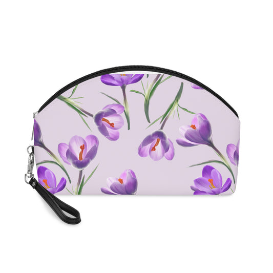 Purple Crocus Floral Makeup Bag – Lavender Flower Cosmetic Pouch, Faux Leather Travel Makeup Organizer