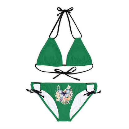 Dark Green Strappy Bikini Set (AOP) with Butterfly design