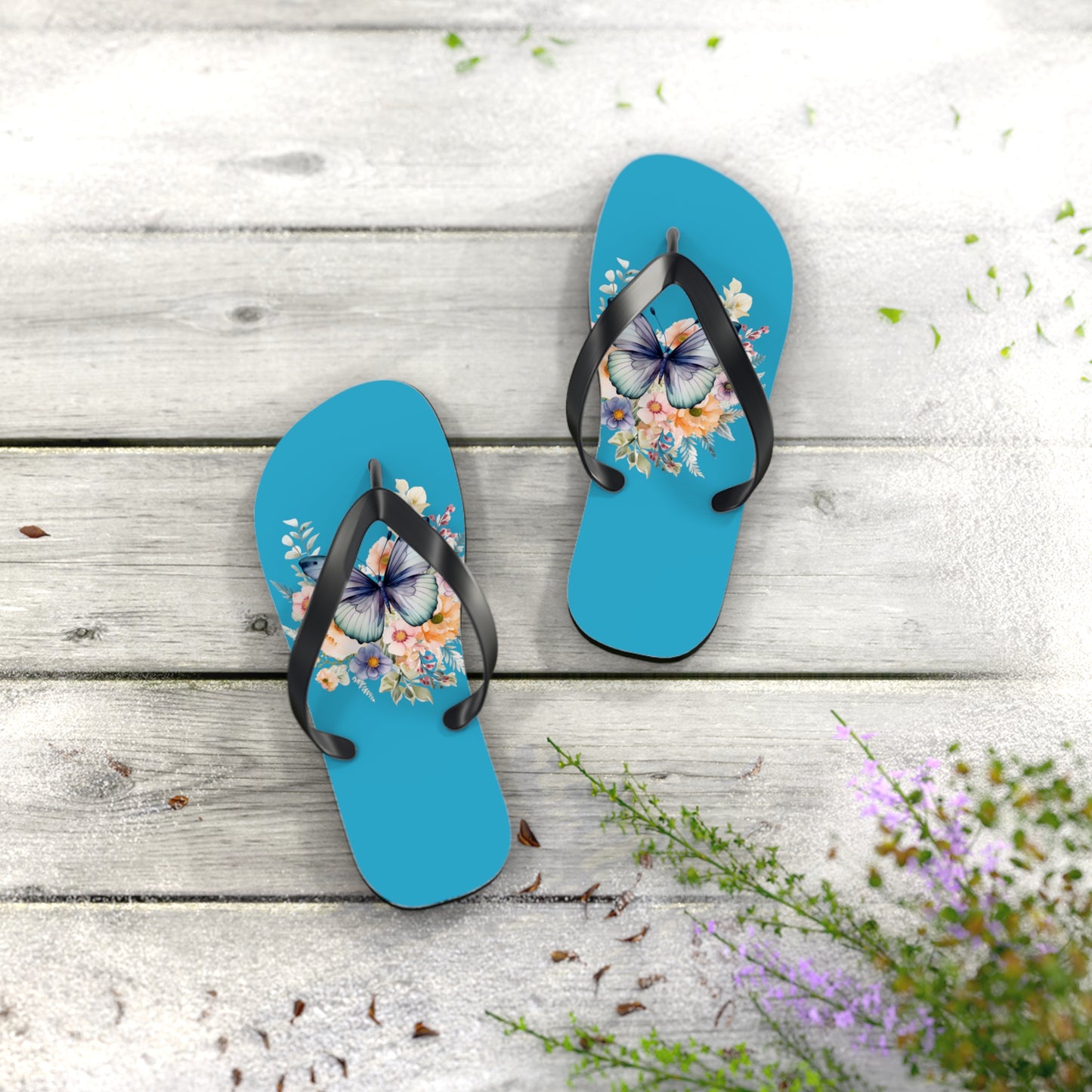 Blue Flip Flops with Butterfly Design