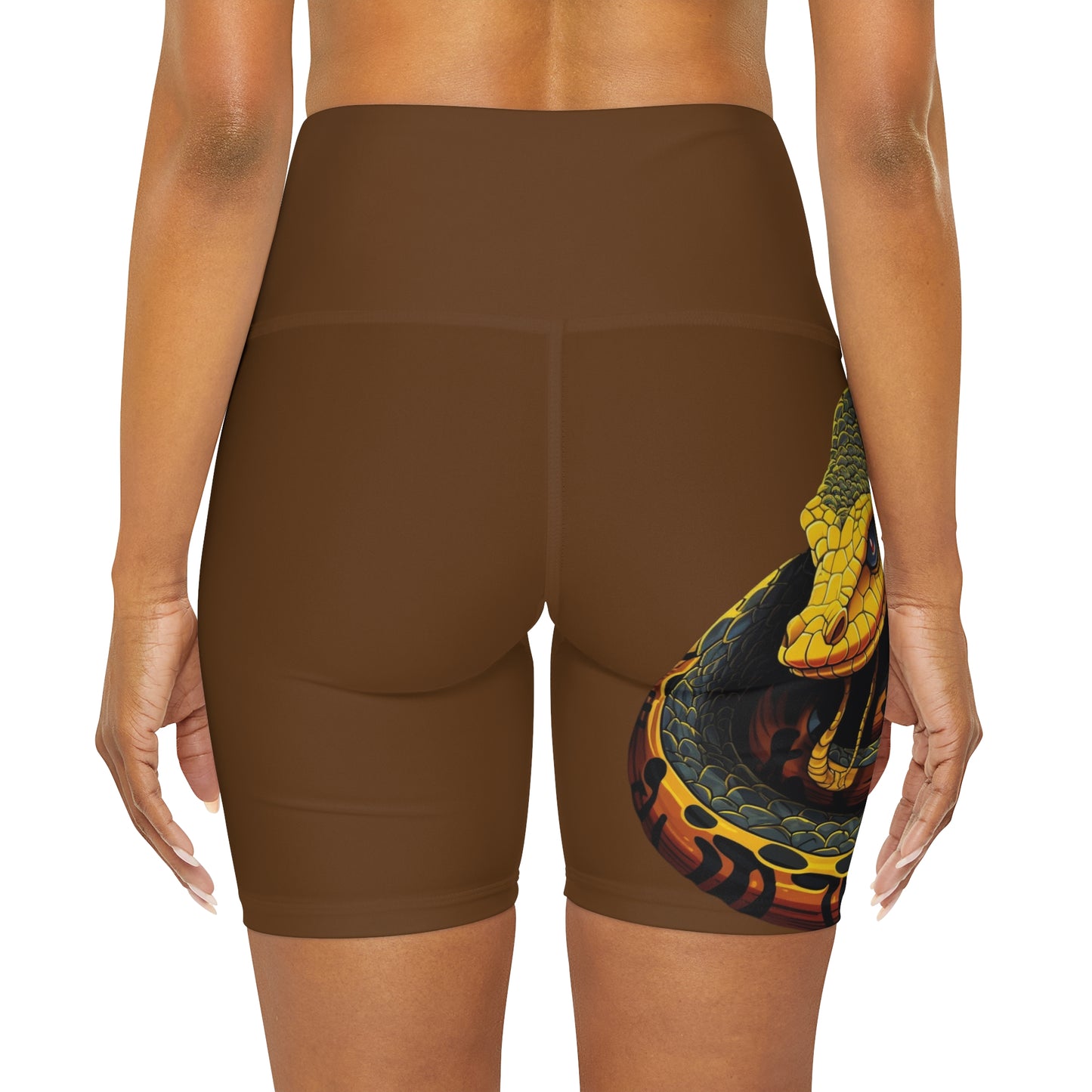 High Waisted Brown Yoga Shorts (AOP) with a Snake design