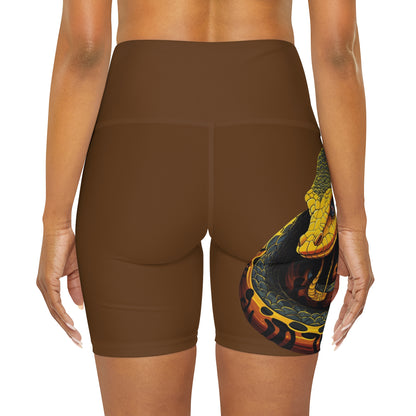 High Waisted Brown Yoga Shorts (AOP) with a Snake design