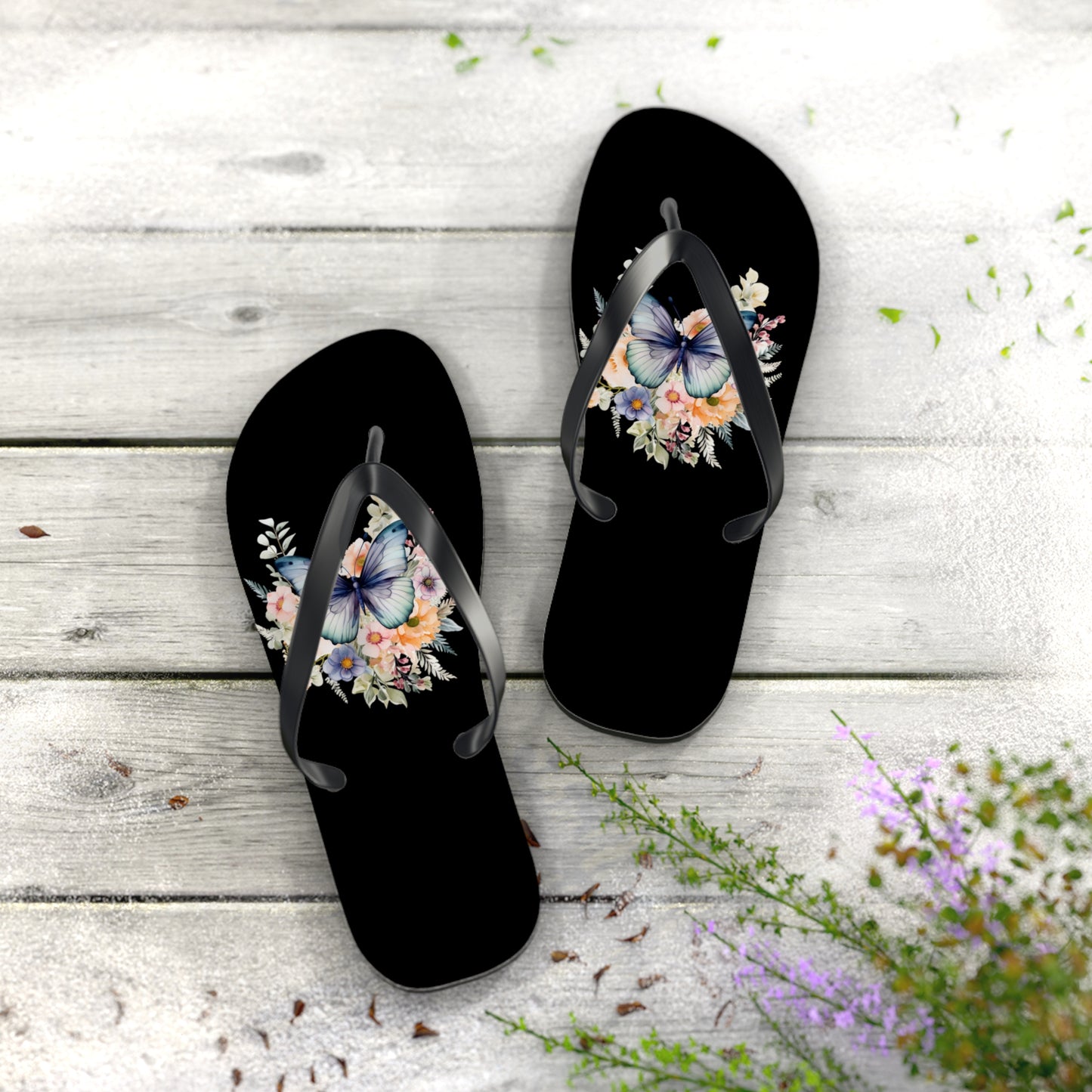 Black Flip Flops with Butterfly Design