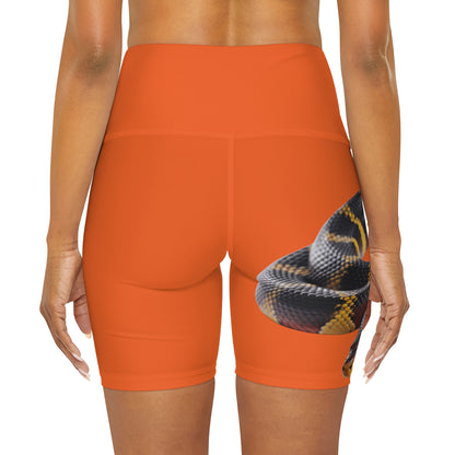 High Waisted Red Yoga Shorts (AOP) Orange Color with a Snake design