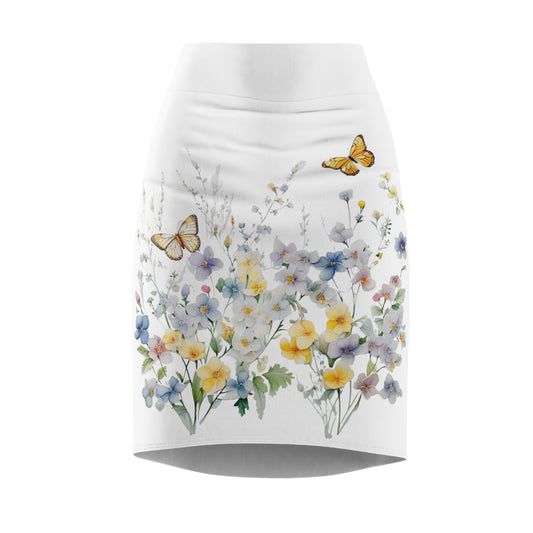 White Women's Pencil Skirt (AOP) with Spring Flowers and Butterfly