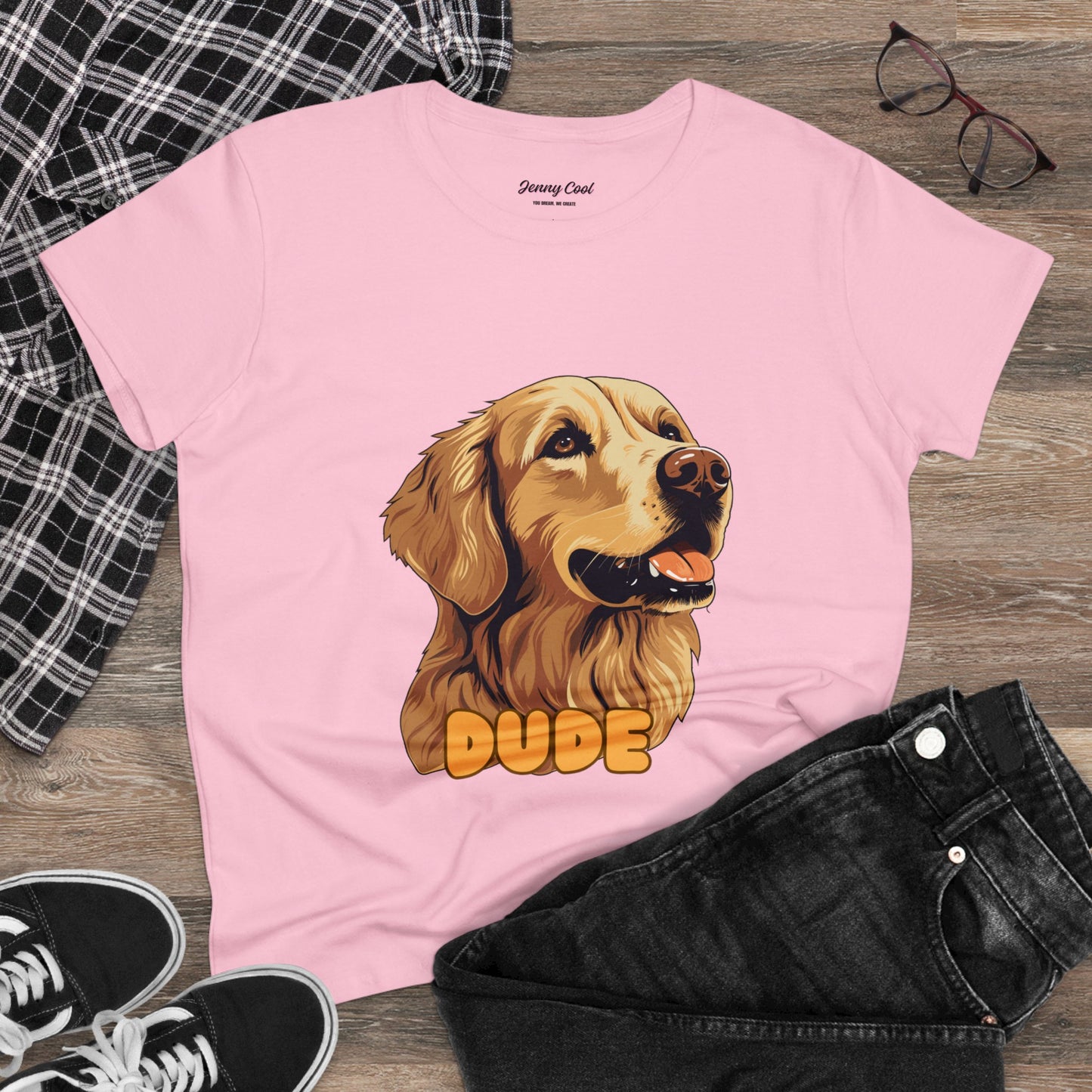 Women's Tee with Golden Dog Print - Valentine's Day Gift