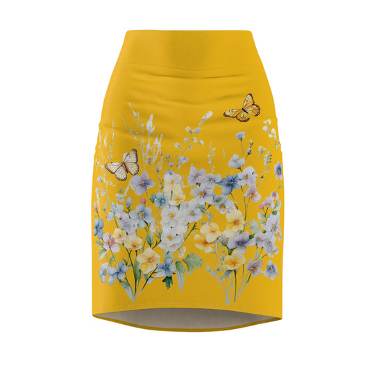 Yellow Women's Pencil Skirt (AOP) with Spring Flowers and Butterfly