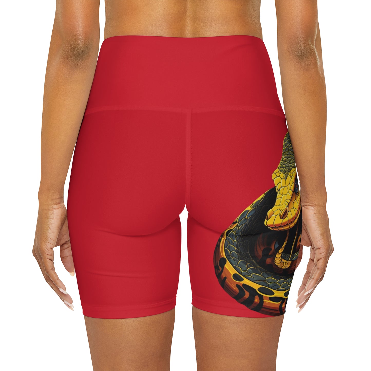 High Waisted Red Yoga Shorts (AOP) with a Snake design