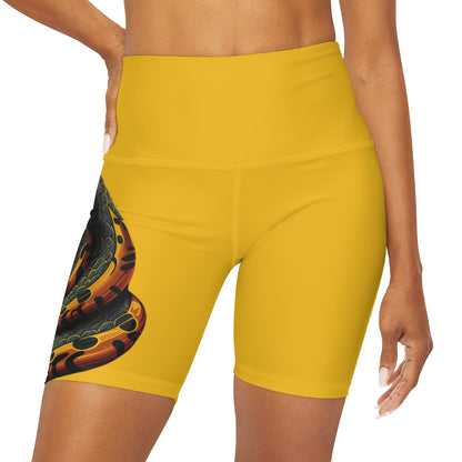 High Waisted Yellow Yoga Shorts (AOP) with a Snake design