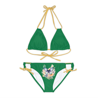 Dark Green Strappy Bikini Set (AOP) with Butterfly design