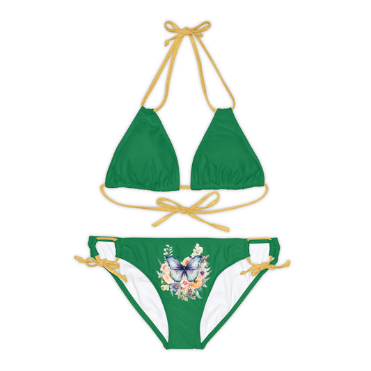 Dark Green Strappy Bikini Set (AOP) with Butterfly design