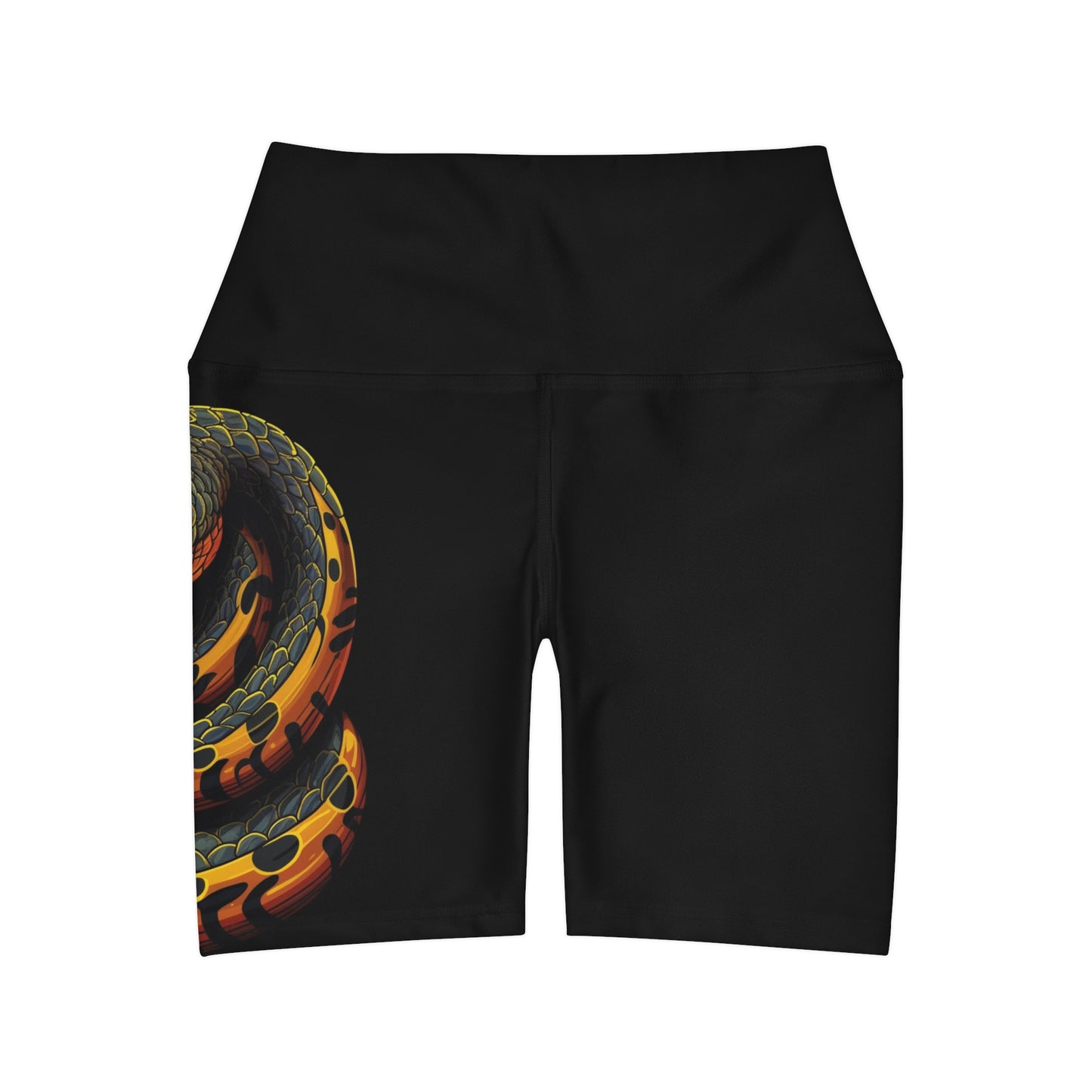 High Waisted Black Yoga Shorts (AOP) with a Snake design