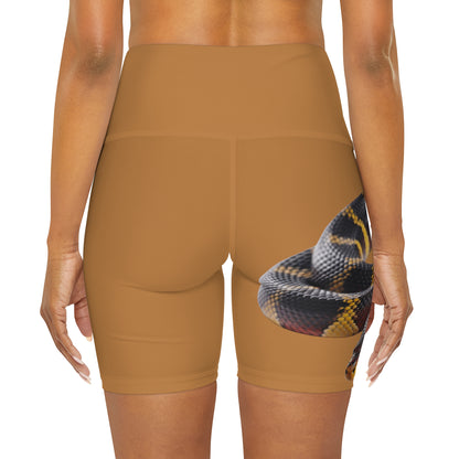 High Waisted Red Yoga Shorts (AOP) Brown Color with a Snake design