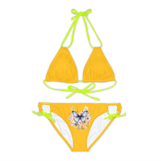 Yellow Strappy Bikini Set (AOP) with Butterfly design