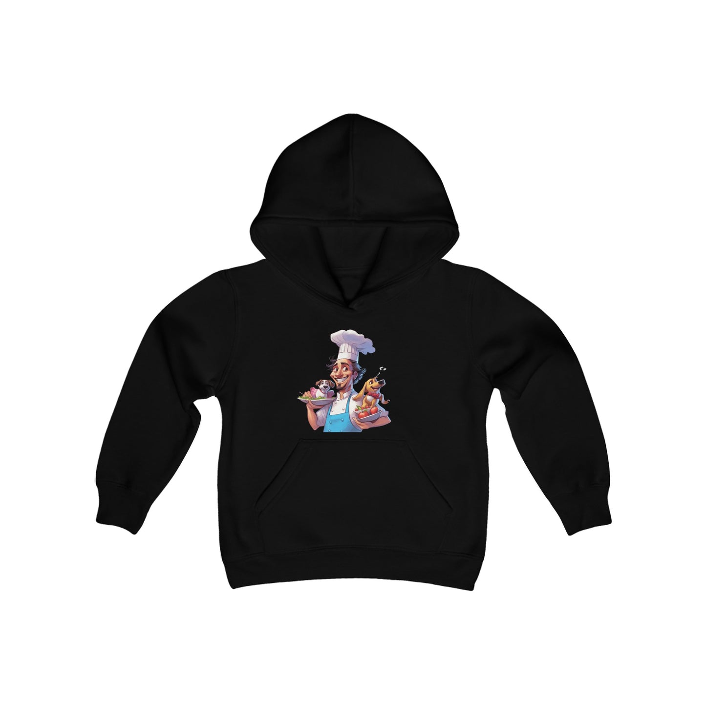 Youth Heavy Blend Hooded Sweatshirt with a Chef and his Dog Design