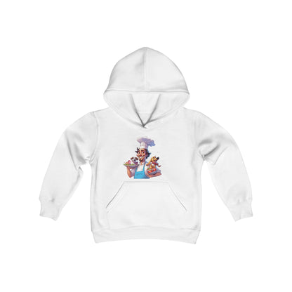 Youth Heavy Blend Hooded Sweatshirt with a Chef and his Dog Design