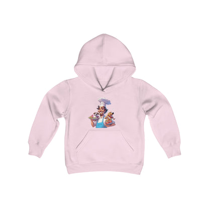 Youth Heavy Blend Hooded Sweatshirt with a Chef and his Dog Design