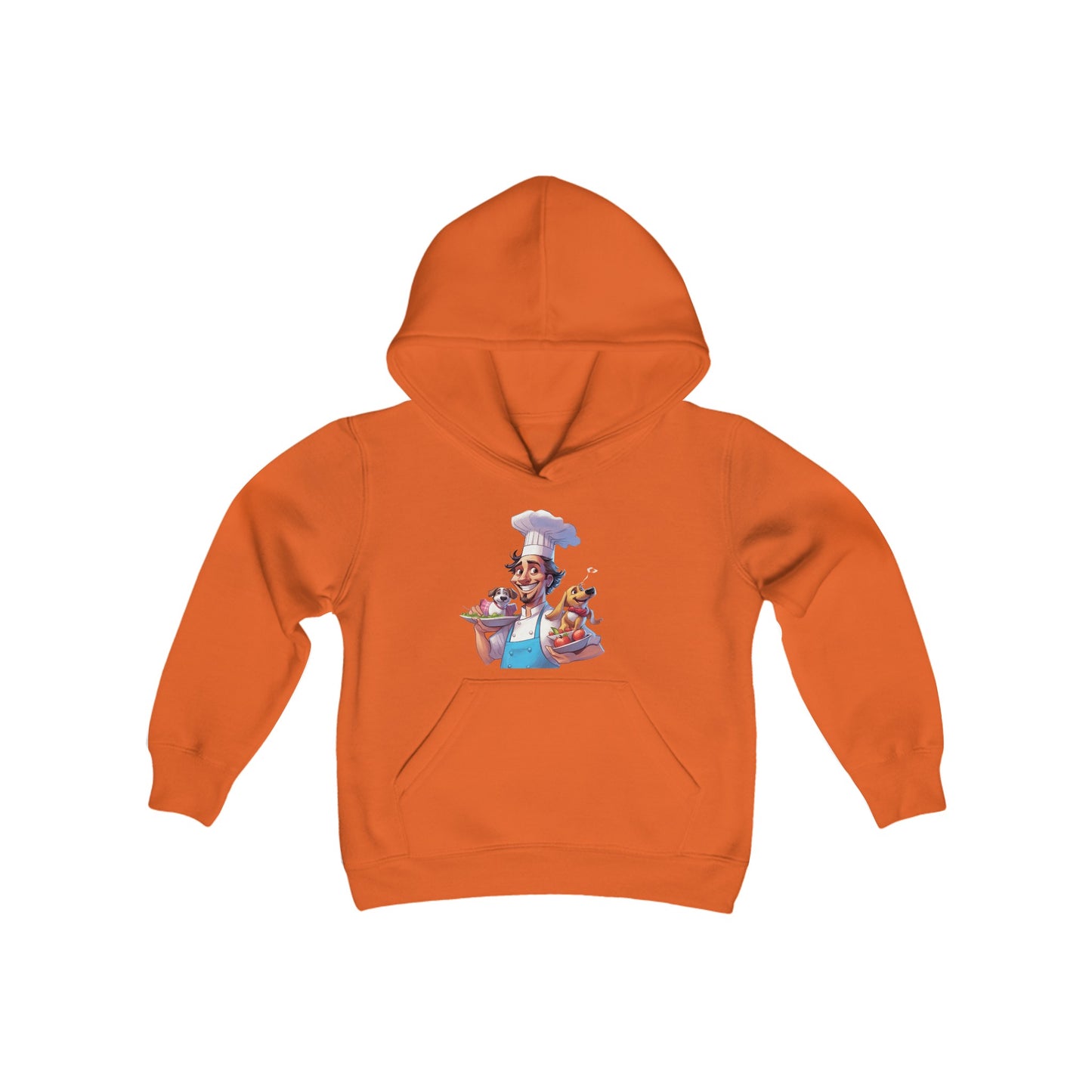 Youth Heavy Blend Hooded Sweatshirt with a Chef and his Dog Design