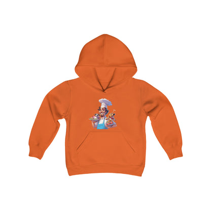 Youth Heavy Blend Hooded Sweatshirt with a Chef and his Dog Design