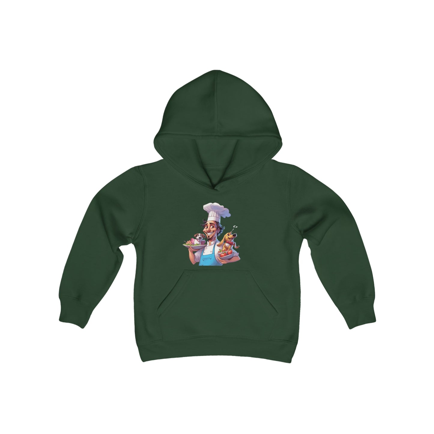 Youth Heavy Blend Hooded Sweatshirt with a Chef and his Dog Design