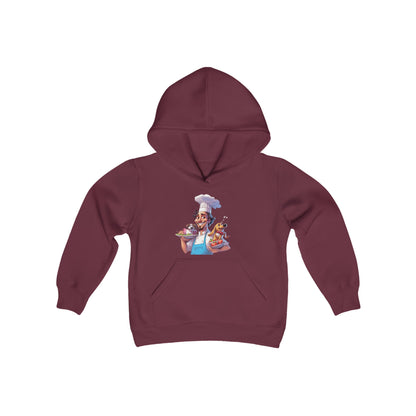 Youth Heavy Blend Hooded Sweatshirt with a Chef and his Dog Design