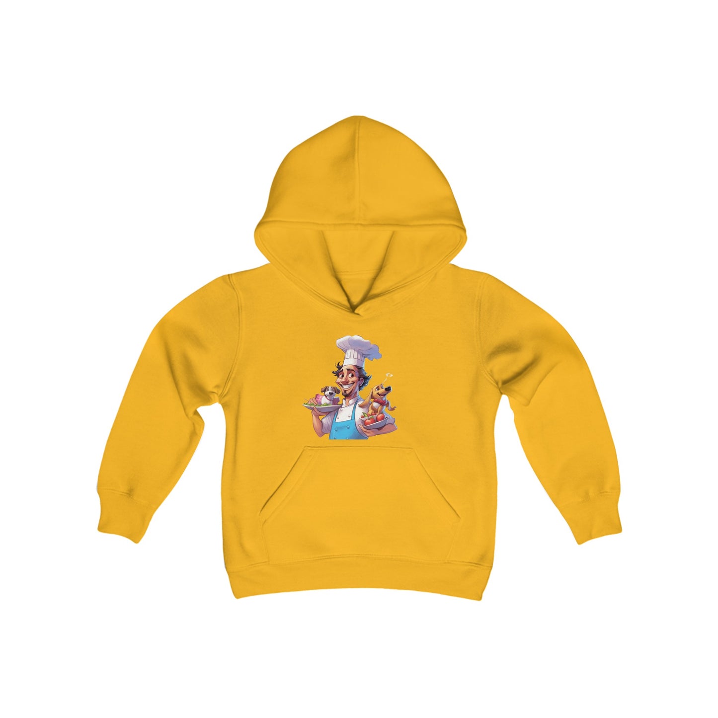 Youth Heavy Blend Hooded Sweatshirt with a Chef and his Dog Design