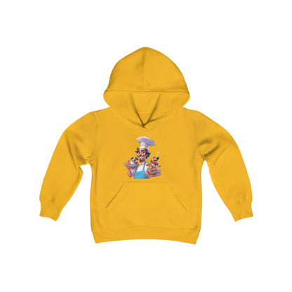 Youth Heavy Blend Hooded Sweatshirt with a Chef and his Dog Design