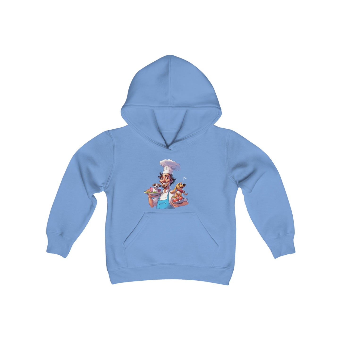 Youth Heavy Blend Hooded Sweatshirt with a Chef and his Dog Design