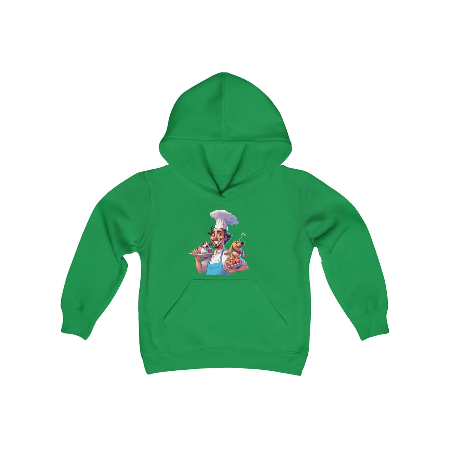 Youth Heavy Blend Hooded Sweatshirt with a Chef and his Dog Design